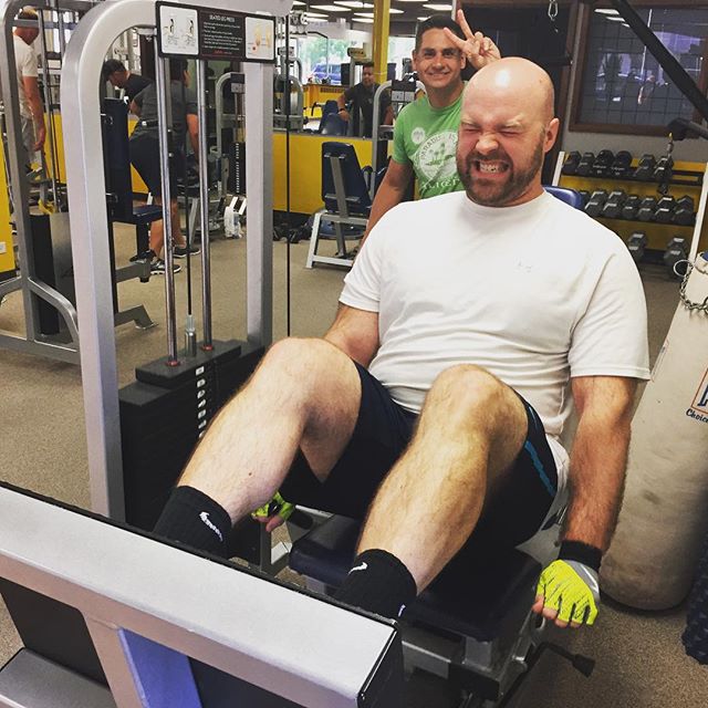 PMac legpressing 395 pounds while Scott photobombs with a peace sign. #bootcamp #personaltrainer #gym #denver #colorado #fitness #personaltraining #trainerscott #bodybuilder #bodybuilding #deadlifts #deadlift #glutes #quads #hamstrings #hamstring #hammies #squats #squat #lunges #legs #legday #weightlifting #weighttraining #men #hunk #gay #buff #strong #legpress