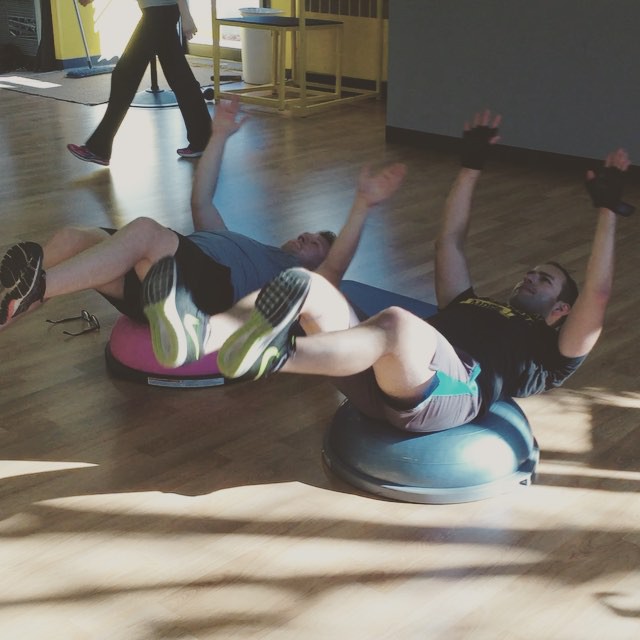 Rod and Adam getting some V-ups on the bosu ball at group personal training this morning. #bootcamp #personaltrainer #personaltraining #men #trainerscott #life #fun #energy #strong #fit #strength #motivation #fitness #bootcamp #gym #workout #sweat #muscle #muscles #women #woman #situps #abs #babe #cute #situps #personaltrainers #guys