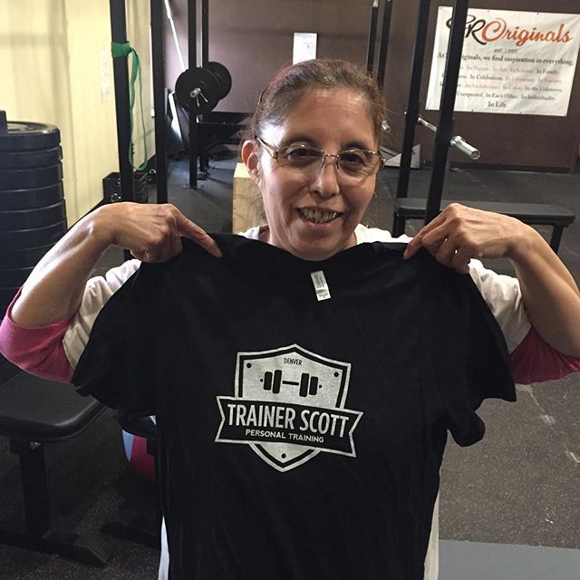 Blanca won a shirt for most visits to the gym in April in her corporate wellness program.. #corporatefitness #wellnessprogram  #Bootcamp #personaltrainer #gym #denver #colorado #fitness #personaltraining #fun #bodybuilder #bodybuilding #deadlifts #life #running #quads #run #women #fit #squats #squat #legday #weightlifting #weighttraining #men #sweat #women #cardio #strong