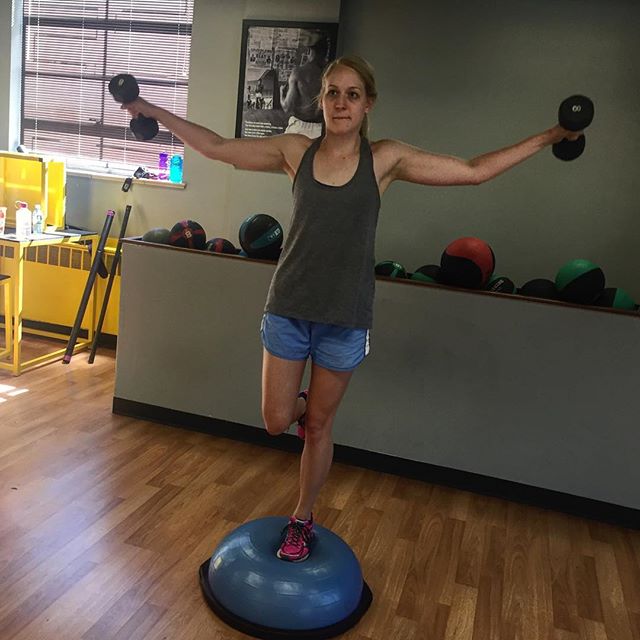 Liz getting some shoulder side raises on the bosu ball.  #Bootcamp #personaltrainer #gym #denver #colorado #fitness #personaltraining #fun #bodybuilder #bodybuilding #deadlifts #life #running #quads #run #women #fit #squats #squat #lunges #legs #legday #weightlifting #weighttraining #men #sweat #women #cardio #strong