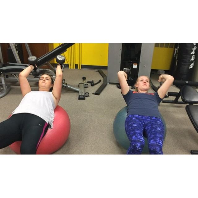 Liz and Kellie getting some tricep extensions on the ball #personaltrainer #gym #denver #colorado #fitness #personaltraining #fun #bodybuilder #bodybuilding #deadlifts #life #running #quads #girl #woman #fit #squats #squat #lunges #legs #legday #weightlifting #weighttraining #men #sweat #women #cardio #strong #girls