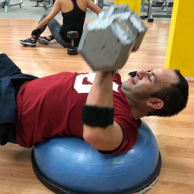 Rod getting dumbbell chest press on the bosu ball #bootcamp #personaltrainer #gym #denver #colorado #fitness #personaltraining #trainerscott #getinshape #fatloss #loseweight #ripped #toned #chestpress #benchpress #chest #bench #chestday #pecs #arms #arm #armday #shredded #pumped #triceps #biceps #tris #jacked #strong #men